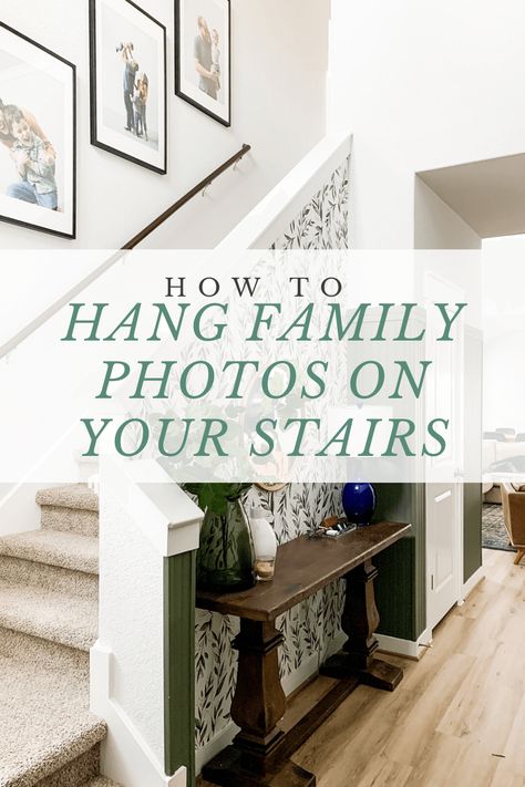 How to hang your family photos on the staircase - tips and tricks. What To Hang On Staircase Wall, Gallery Wall Up Stairs Staircases, Staircase With Picture Frames, How To Arrange Photos On Stair Wall, Decor On Staircase Wall, Photos Along Staircase, Picture Frames Up Staircase, Stairway Pictures Ideas, How To Hang Frames On Staircase