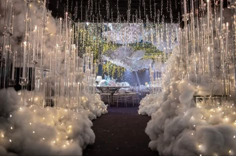 Wedding Clouds Decor, Angel Theme Quinceanera, Heavenly Themed Party, Cloud 9 Dance Theme, Cloud Wedding Decor, Heaven On Earth Wedding Theme, Angel Themed Wedding, Swan Lake Quinceanera Theme, Clouds Wedding Theme