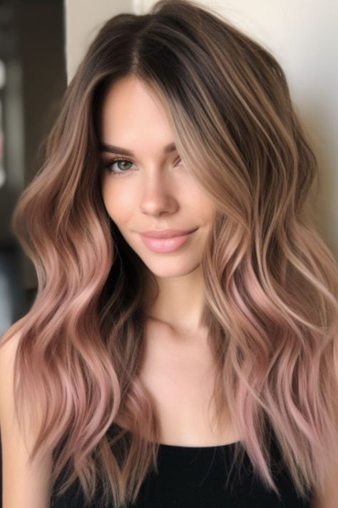 Natural Looking Colored Hair, Brown Pink Balayage Hair, Brown Hair With Rose Gold Balayage, Cool Rose Gold Hair, Hair Color Ideas For Cool Undertones, Light Brown With Rose Gold Highlights, Light Brown Hair With Rose Gold, Brown And Rose Gold Hair Ombre, Rose Bronze Hair