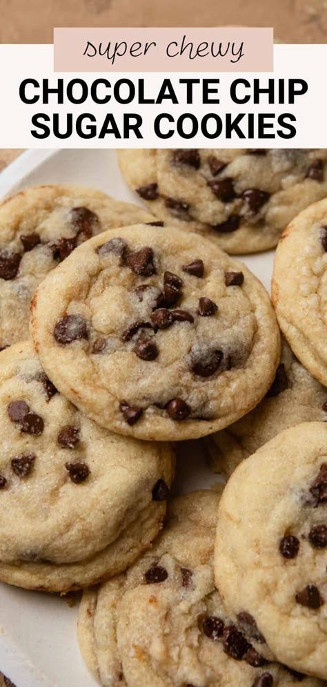 These chocolate chip sugar cookies aren't your typical chocolate chip cookie. They're soft, chewy, and made without brown sugar! Rolled in sugar and mini chocolate chips, these are sure to be your new favorite cookie. Less Sugar Chocolate Chip Cookies, Chocolate Chip Cookies No Brown Sugar, Chocolate Chip Sugar Cookies, Choc Chip Cookie Recipe, Plain Sugar Cookies, Sugar Free Chocolate Chip Cookies, Cookies Without Brown Sugar, Chocolate Chip Pecan Cookies, Food Bars