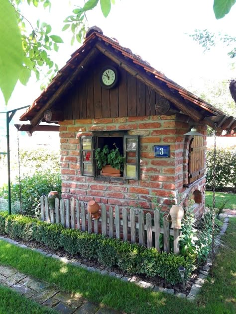 Brick Garden Shed Ideas, Brick Playhouse, Cute Small Brick House, Brick Garden Building, Mini Bricks House, Cottagecore Brick House, Brick Shed, Stone Cottage Dollhouse, Out Houses