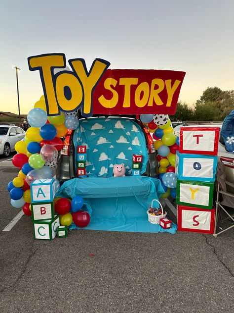 Trunk Or Treat For Daycare, Trunk Or Treat Ideas Toystory, Trunk Or Treat Ideas For Cars With Costumes, Toy Story Scarecrow, Toys Story Trunk Or Treat, Toy Story Truck Or Treat, Toy Story Trick Or Trunk, Up Themed Trunk Or Treat, Disney Theme Trunk Or Treat Ideas