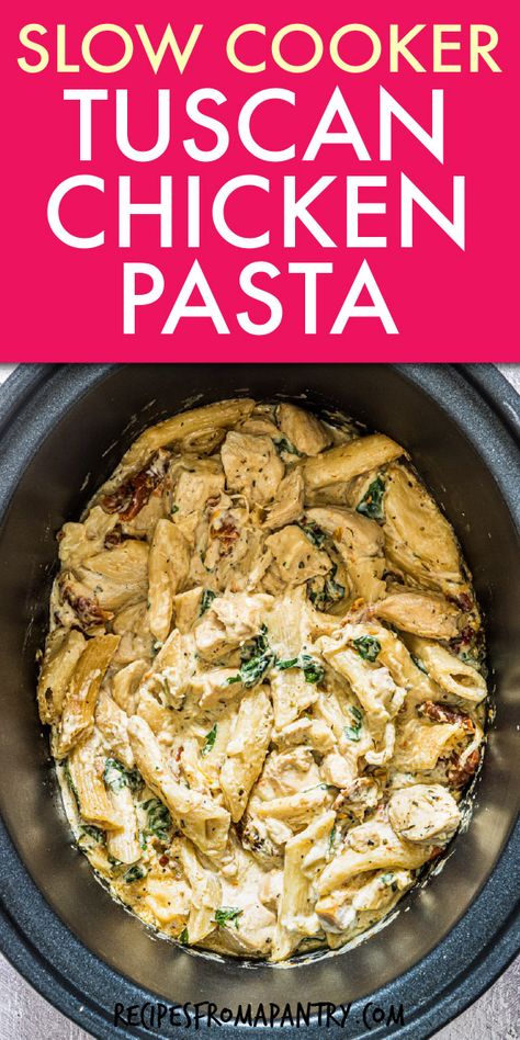 Slow Cooker Pasta with Tuscan Chicken is a flavorful and easy-to-make meal your whole family is sure to love! Loaded with Mediterranean flavors, this crockpot pasta features tender, juicy chicken and a creamy sauce that hits all the classic comfort food notes. Affordable and easy, this is a perfect one-pot dinner for busy weeknights. Click through to get this awesome Slow Cooker Tuscan Chicken Pasta recipe!! #slowcooker #slowcookerpasta #tuscanchicken #crockpotchicken #pasta #tuscanchickenpasta Chicken Tenders Crockpot, Crockpot Recipes Ground Beef, Slow Cooker Tuscan Chicken, Slow Cooker Chicken Pasta, Crockpot Recipes Chicken, Meals Crockpot, Beef Crockpot, Recipes Ground Beef, Slow Cooker Pasta Recipes