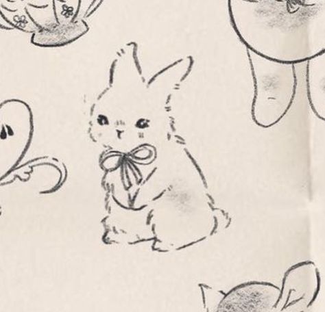 Bunny Ink Drawing, Fairy Rabbit Tattoo, Bunny With Bow Tattoo, Bunny Side Profile Drawing, Coquette Cat Drawing, Bunny Profile Pictures, Bunny Stuffed Animal Tattoo, Leaping Bunny Tattoo, Follow The White Rabbit Tattoo