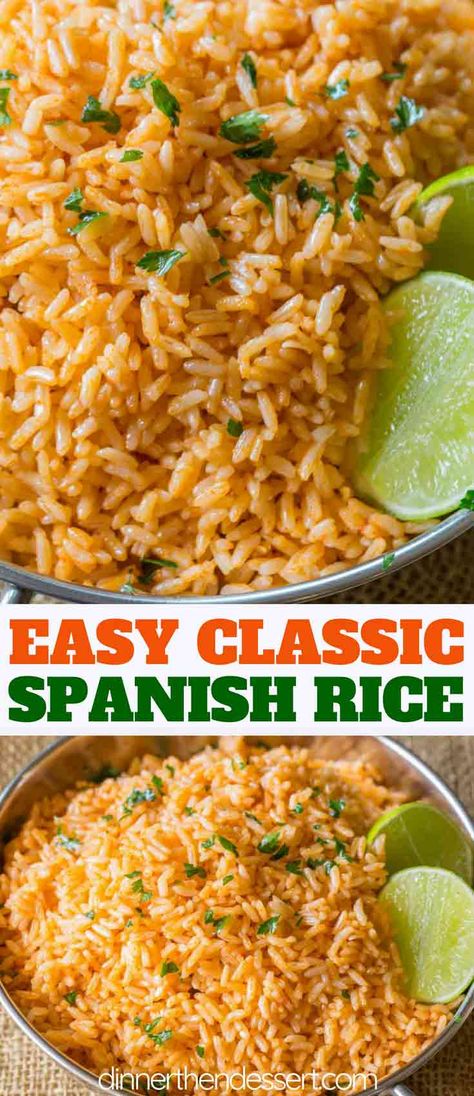 Easy Spanish Rice, also called Mexican Rice, that tastes just like your favorite restaurant side dish with with an easy trick for perfectly fluffy rice! | #spanishrice #mexicanrice #mexicanfood #mexicanrecipes #dinnerthendessert #sidedish #rice #easyrecipes Cheesy Spanish Rice, Spanish Fried Rice, Easy Spanish Rice, Rice Spanish, Rice Mexican, Recipes Tuna, Dinner Mexican, Dinner Rice, Spanish Rice Easy