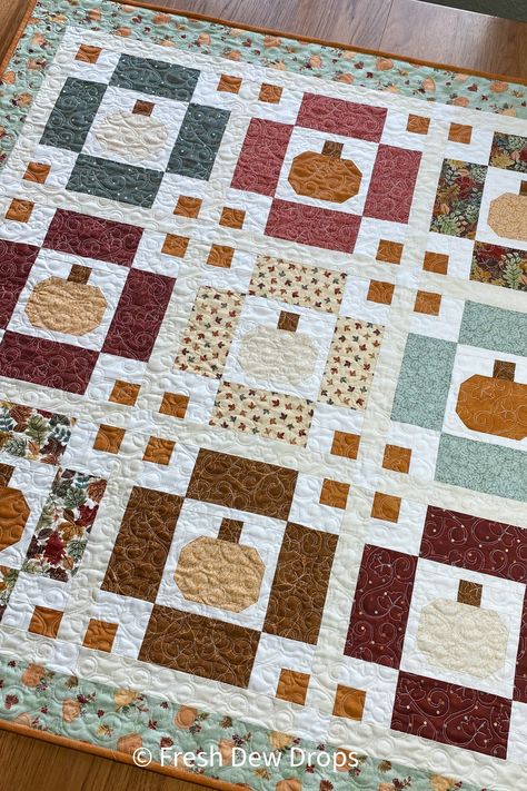 pumpkin quilt pattern precut charm pack layer cake squares fat quarter scraps quilted wall hanging Hello Autumn Fresh Dew Drops Quilting Pumpkin Quilt Pattern, Scraps Quilt, Pumpkin Quilt, Seasonal Quilts, Cake Squares, Dew Drops, Wall Quilts, Pumpkin Pattern, Quilted Wall Hangings