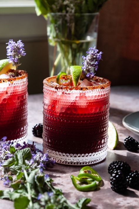 Blackberry Jalapeno Margarita — NoCoast.Kitchen Blackberry Jalapeno Margarita, Spicy Blackberry Margarita, Tajin Seasoning, Blackberry Juice, Blackberry Drinks, Blackberry Margarita, Cranberry Margarita, Jalapeno Margarita, Blackberry Recipes