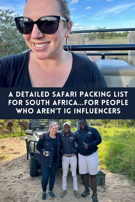 Safari Packing List Essentials: What To Wear On Safari In South Africa | Going on safari in South Africa is a bucket list experience, but you need to plan well! A detailed safari packing list for women, what to pack for safari (and what to leave out).  Tips for luggage restrictions, fabrics, colors, extra gear, & more. Sabi Sands & Kruger safari lodges, South Africa itinerary ideas. South Africa Travel Tips, Safari In South Africa, Packing For A Safari Africa, Clothes For Safari Women, Planning A Safari, Africa Packing List What To Wear, What To Pack For African Safari, Safari Packing List Tanzania, What To Wear On African Safari