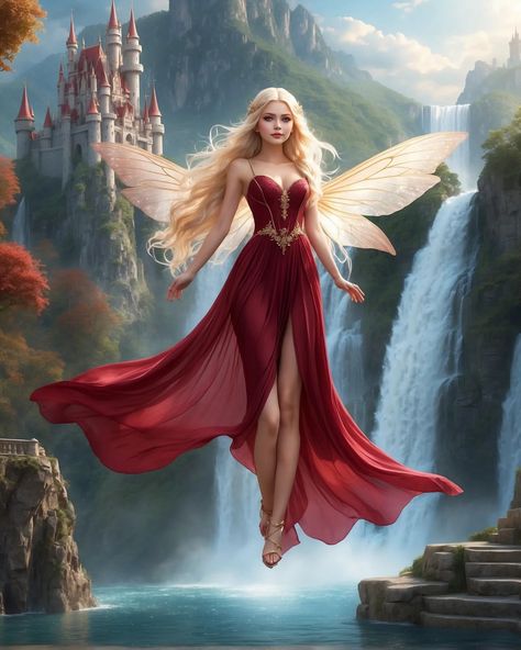 A second part of the beautiful blonde fairy and her maroon red dress, but a little different style 🧚‍♀️♥️♥️♥️✨ ✨ARTCEMBER 2023 ✨ Day 6 :… | Instagram Dress Animation, Maroon Red Dress, Blonde Fairy, Fairytale Creatures, Unicorn And Fairies, Headshots Women, Fairytale Fantasies, Dinner Dress Classy, Fairy Pictures