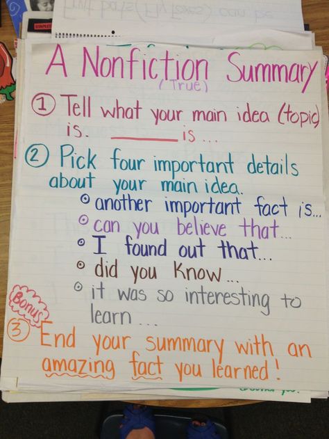 Nonfiction summary anchor chart Nonfiction Summary, Summary Anchor Chart, Ela Anchor Charts, Non Fiction Writing, Summary Writing, Classroom Anchor Charts, Fiction Text, Writing Anchor Charts, 4th Grade Writing