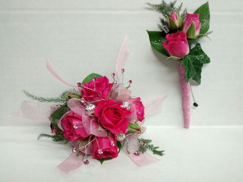 Rose Corsage And Boutonniere, Spray Rose Corsage, Rose Corsage, Dance Ideas, Corsage And Boutonniere, Hot Pink Dresses, Spray Roses, Pink Accents, Pink Shoes