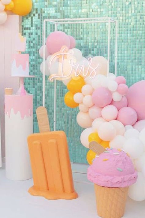 Styrofoam Party Decorations, Ice Cream Party Ideas Birthdays, Ice Cream Decorations Party, Beach Babe Birthday Party, Ice Cream Theme Birthday Party Decoration, Ice Cream Birthday Party Decorations, Ice Cream Theme Birthday Party, Ice Cream Pool Party, Ice Cream Theme Party