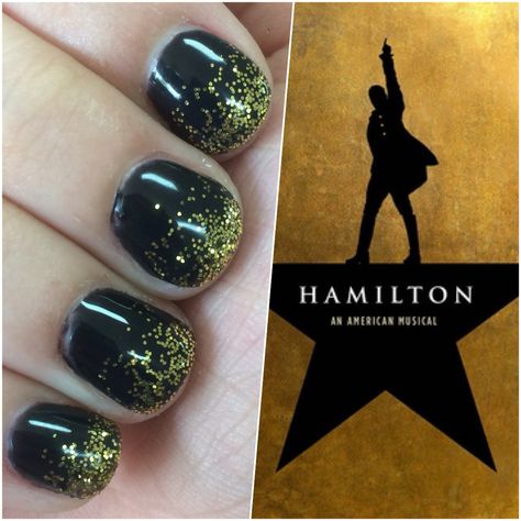 Hamilton inspired gold and black nails Hamilton nails Six The Musical Inspired Nails, Hamilton Inspired Nails, Hamilton Nails Designs, Hamilton Makeup, Musical Theatre Nails, Hamilton Nail Art, Broadway Nail Art, Hamilton Nails, Broadway Nails