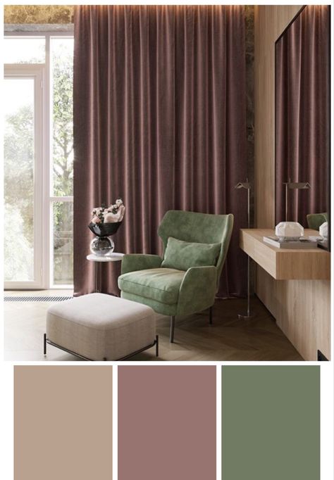 Sage And Eggplant Bedroom, Aubergine And Green Bedroom, Aubergine And Green Interiors, Mauve Olive Bedroom, Olive Green And Plum Living Room, Mauve And Green Kitchen, Apartment Colour Palettes, Sage Green And Dusty Rose Living Room, Pink Brown Interior