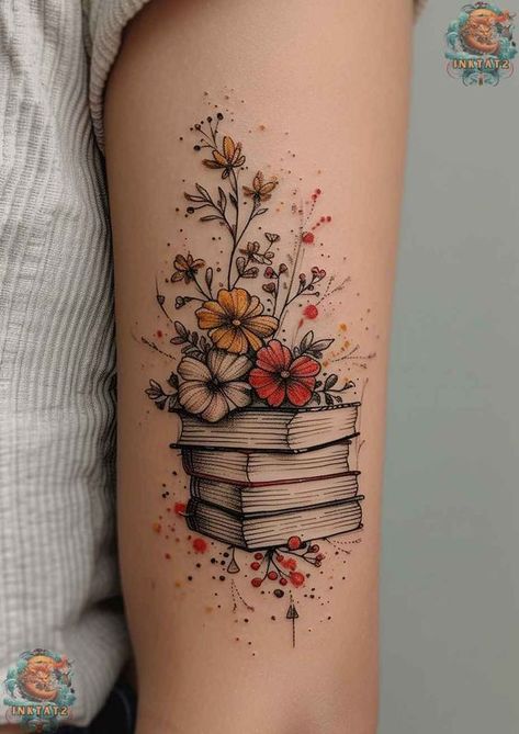 Bookworm Tattoo, Book Inspired Tattoos, Reading Tattoo, Bookish Tattoos, Literary Tattoos, Theme Tattoo, Tattoos For Lovers, Floral Tattoo Design, Book Tattoo