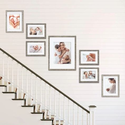 Gallery Stairs Wall, Top Of Stairs Photo Wall, Engagement Picture Wall Decor, Picture Frames On The Stair Wall, Stairway Decorating Pictures Family Wall Upstairs Hallway, Upstairs Photo Wall, Stairwell Picture Display, Small Staircase Gallery Wall, Frames Going Up Stairs