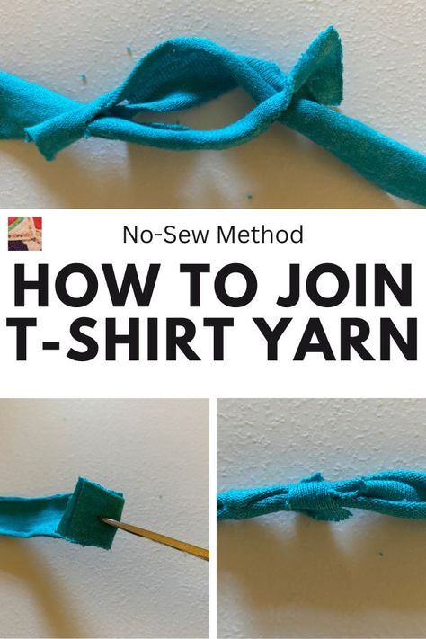 Learn how to join lengths of T-shirt yarn without sewing. This is huge time saver so crafters can get to their projects faster! Crochet With T Shirt Yarn Projects, Tshirt Yarn Knitting Patterns, How To Make T Shirt Yarn, How To Make Tshirt Yarn, T Shirt Scrap Projects, Tee Shirt Yarn Projects, Crochet T Shirt Yarn Projects, T Shirt Yarn Crochet Bag Pattern Free, Tshirt Yarn Crochet Patterns