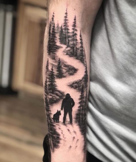 CafeMom.com : Forest Trail : 20 Tattoos For Anyone Obsessed With Winter -- Yes, we have lots of forest tattoo ideas because they make stunning graphic tattoos, but also represent an entire season in a tasteful way. This winter forest tattoo shows a winding trail through the trees with a person and their dog and footprints in the snow. Forest Dog Tattoo, Snow Tree Tattoo, Dog And Forest Tattoo, Tattoo Scenery Nature, Nature Silhouette Tattoo, Dog Forest Tattoo, Forest Trail Tattoo, Mountain Leg Sleeve, Pathway Tattoo Ideas