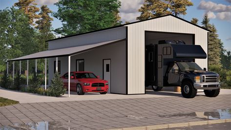 RV Garage Metal Buildings. What is the next best thing about owning an RV? Having it on display in your yard or in front of your house in an RV Building. Rv Storage Building Rv Garage, Rv Metal Building, Rv Garage Ideas, Boat Storage Ideas Buildings, Rv Homestead, Boat Storage Ideas, Rv Shop, Rv Barn, Pole Barn Ideas