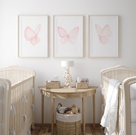 Blue Nursery Girl, Light Blue Nursery, Pink Nursery Art, Girly Bedroom Decor, 3 Butterflies, Art Papillon, Butterfly Nursery, Butterfly Art Print, Girl Nursery Room