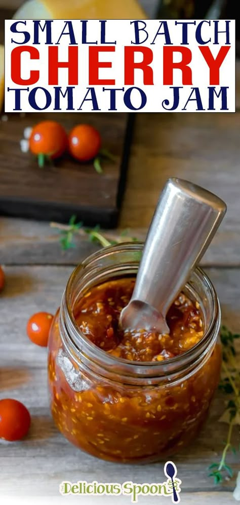 This recipe for Cherry tomato jam is amazing on sandwiches, burgers, over eggs, pizza and more. The possibilities are endless! Sweet and savoury this jam is the best way to use up a garden full of fresh Cherry tomatoes! This recipe makes just a small batch making about one cup worth but if you fall in love with it you can easily double or triple the recipe. Maybe give a jar to some friends! | @thedeliciousspoon #smalbatchjam #cherrytomatojam #summerjam #cherrytomatoesrecipes #easysmallbatchjam Cherry Tomato Jam Recipe, Cherry Tomato Jam, Tomato Jelly, Canning Cherry Tomatoes, Tomato Jam Recipe, Preserving Tomatoes, Cherry Tomato Recipes, Fresh Tomato Recipes, Fresh Cherry