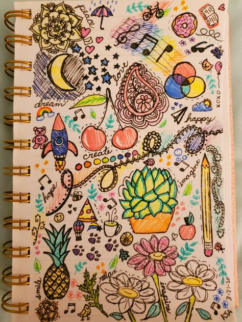 Colourful Doodles Aesthetic, Happy Drawings Doodles Art Journals, How To Fill A Page With Doodles, Doodle Art Page, Doodles That Fill The Whole Page, Drawings To Fill A Page, Simple Doodles With Color, Page Filling Drawings, Things That Make Me Happy Doodles