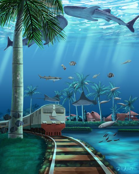 under water, on ArtStation at https://www.artstation.com/artwork/r91Ane Daycare Design, Underwater City, Train Art, Caricature Drawing, Sketchbook Ideas, Under Water, Vehicle Design, Album Photo, Anime Background