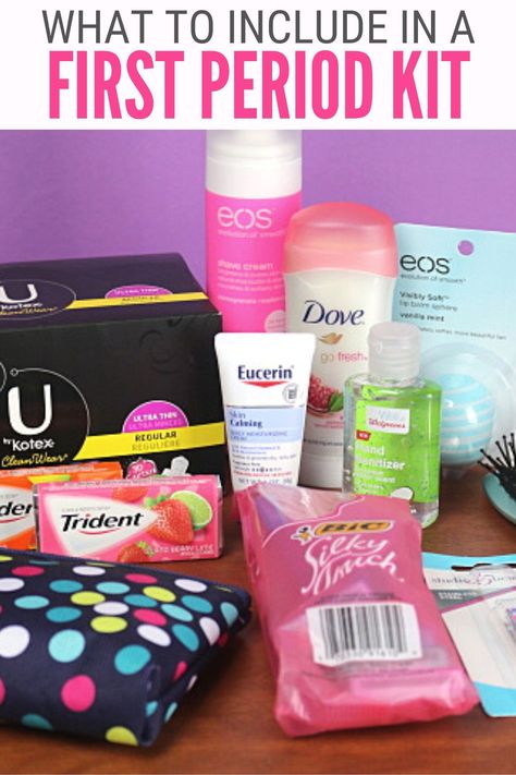 Menstruation can catch young teens off-guard, leaving them unprepared. The following tips offer advice on what to include in a period kit for girls. #thecraftyblogstalker #firstperiod #periodpack #femalecare First Period Gift Basket My Daughter, Teen Period Kit, Kotex Pads, Period Party, First Period Kits, Period Kit, Back To School Organization, Diy School, Eos Lip Balm