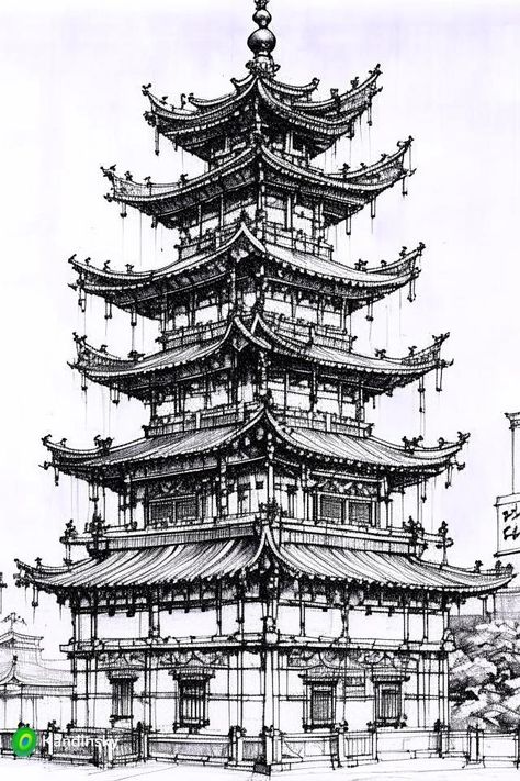 Chinese Building Drawing, Japanese Building Drawing, Pagoda Sketch, Pagoda Drawing, Japanese Architecture Drawings, Japanese Drawing, Alien Resurrection, Japanese House Design, Temple Drawing