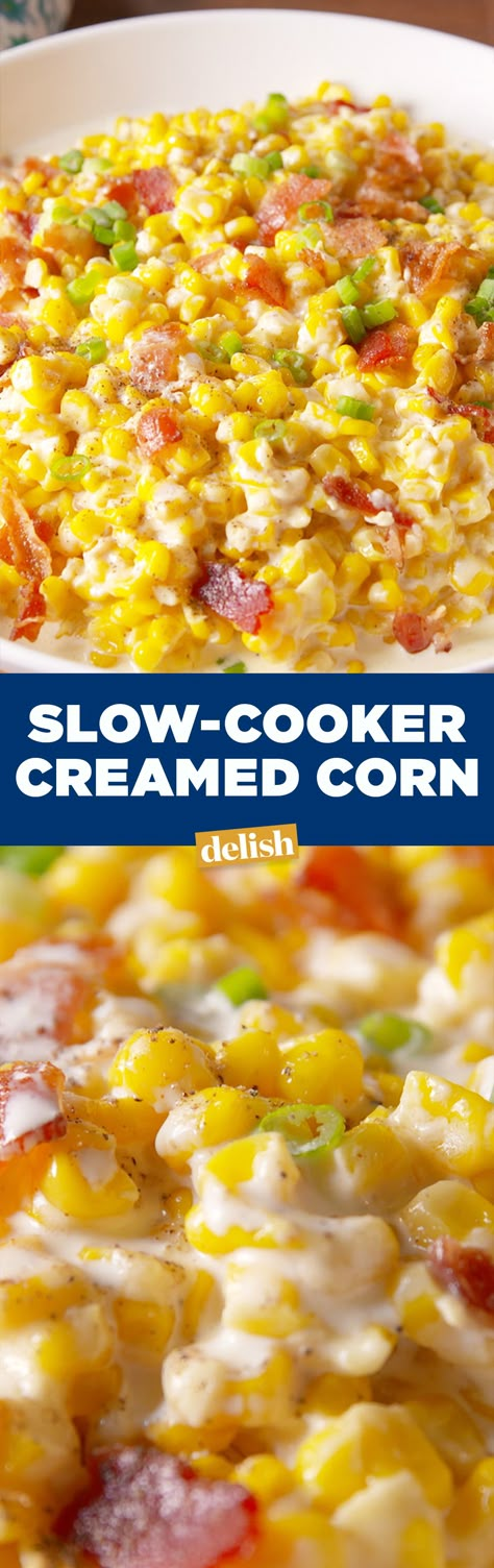 Slow-Cooker Creamed Corn is the Thanksgiving side that won't take up valuable oven space. Get the recipe on Delish.com. Crock Pot Creamy Corn, Slow Cooker Cream Corn, Thanksgiving Side Dishes Crockpot, Slow Cooker Creamed Corn, Cream Cheese Corn, Creamed Corn Recipes, Cream Corn, Thanksgiving Food Sides, Corn Dishes