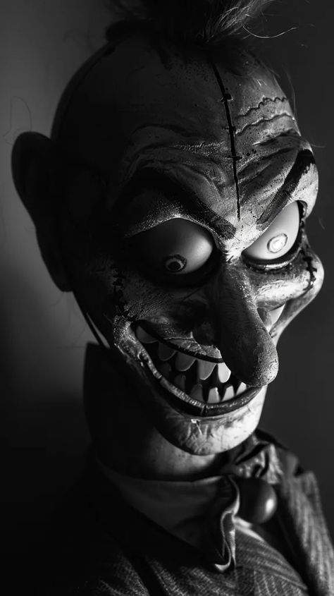 Midjourney AI Image: black and white photo of an evil dummy with a sinister grin, scary and unsettling, chiaroscuro light... → more in ai-img-gen.com Creepy Clown Art, Scary Clown Face, Halloween Black And White, Evil Face, Scary Photos, Bulging Eyes, Clown Horror, Dark Evil, Creepy Images