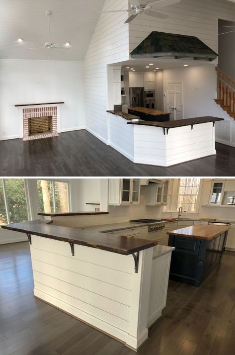 Bar Top Island, Island With Bar Top, 2 Tier Bar Counter, Kitchen Counter With Bar Top, Farmhouse Kitchen Island Raised Bar, Bar Top Kitchen Counter, Kitchen Island With Raised Ledge, Kitchen Island With Bar Top, L Shaped Kitchen Bar