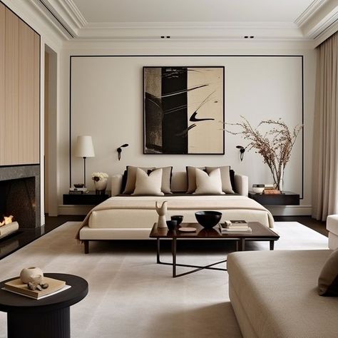 Wind The Key | A home tour of a contemporary luxury London townhouse in cream and black tones. A beautiful mix of understated and bold features. We'll… | Instagram Transitional Luxury Bedroom, Stone And Black Bedroom, Contemporary Japandi Interiors, Rugs In The Bedroom, Contemporary Design Bedroom, Black Bed Bedding, Grey White And Cream Bedroom, Cream Brown Black Bedroom, Black And Cream Interior Design