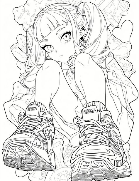 Gyaru Coloring Page, Colouring Pages Anime, Anime Colouring Pages, Cute Girl Coloring Pages, Manga Panels To Color, Coloring Pages Girl, Printable Anime Coloring Pages, Cute Aesthetic Coloring Pages, Anime Colouring