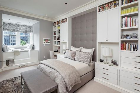 Serene color palettes, perfect combinations of textures and well-placed accessories are just a few of the elements designers use to create a relaxing bedroom design. Girls Bedroom Grey, Bedroom Window Seat, Bedrooms Modern, Bedroom Built Ins, Restful Bedrooms, Storage Inspiration, Bedrooms Ideas, Bedroom Seating