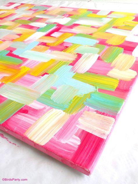 Easy DIY Wall Art Painted Canvas - BirdsParty.com Simple Bright Paintings, Diy Colorful Canvas Art, Diy Bright Canvas Art, Simple Diy Canvas Art, Diy Canvas Art Colorful, Diy Painting Canvas Party, Paint Swatch Art Diy, How To Paint An Abstract Canvas, Easy Trendy Paintings