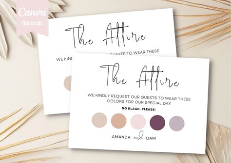 Wedding Attire Card Template, Wedding Invite With Dress Code, Dress Code Card Invitation, Wedding Dress Code Invitation, Wedding Guest Color Dress Code Card, Wedding Attire Card, Party Guest Dress, Color Palette Canva, Fancy Wedding Invitations