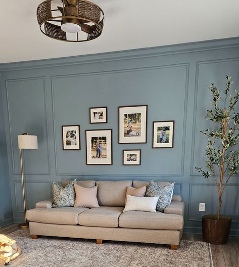 Box Trim Molding, Debonair Sherwin Williams, Sherwin Williams Debonair, Box Trim, Frame Molding, Picture Frame Molding, Trim Molding, Blue Living Room, Crown Molding