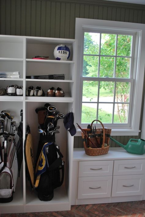 Golf Garage Ideas, Bike Gear Storage, Golf Equipment Storage, Basement Addition, Golf Storage, Sports Equipment Storage, Mudroom Remodel, Mudroom Storage, Garage Storage Inspiration