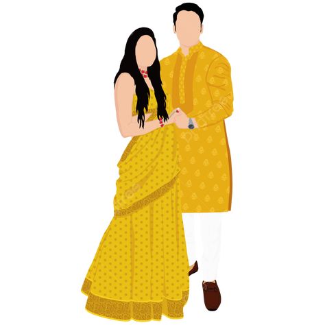 Haldi Clipart, Haldi Couple Illustration, Haldi Illustration, Haldi Caricature, Indian Wedding Couple Outfits, Bride Groom Indian, Wedding Couple Outfits, Indian Clipart, Wedding Couple Illustration