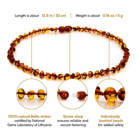 Amber Guru Baltic Amber Necklace (Authentic, Certified) - 12.5 inches - Unisex Jewelry - Cognac (Polished) - Real "Baby-Sized" Amber Beads - Proud to Deliver Genuine Baltic Sea Ambar Baltic Amber Necklace, Amber Gemstone, Amber Necklace, Amber Beads, Amber Jewelry, Baltic Sea, Unisex Jewelry, Gemstone Healing, Baltic Amber