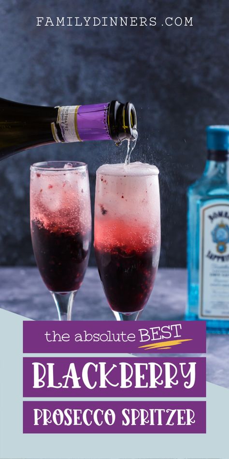 Delicious and refreshing blackberry prosecco spritzer cocktail recipe. Perfect for family dinners or parties. Easy to make. Includes non-alcoholic version. #virgincocktail #cocktailrecipe #cocktail #drinkrecipe #blackberrycocktail Blackberry Wine Recipe, Halloween Prosecco Cocktails, Wine Recipes Cocktails, Cocktail With Gin, Prosecco Cocktail Recipes, Blackberry Cocktail, Blackberry Gin, Gin And Prosecco, Drink Recipies