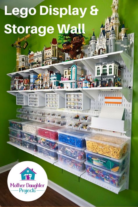 Pegboard Craft Room, Lego Storage Organization, Lego Bedroom, Lego Organization, Cave Basement, Lego Wall, Lego Display, Lego Table, Lego Activities