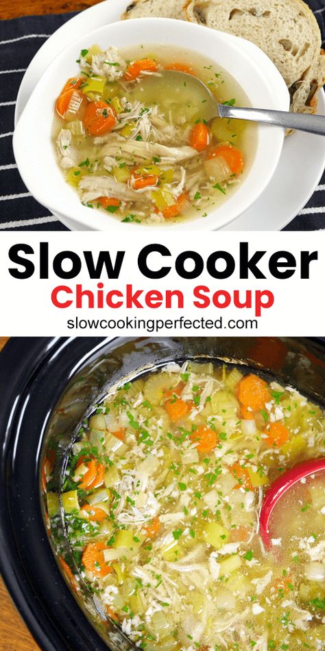 A deliciously healthy slow cooker chicken soup. Slow Cooker Chicken Cabbage Soup, Slow Cooker Whole Chicken Soup, Slow Cooker Chicken Soup Healthy, Crock Pot Chicken Vegetable Soup, Pulled Chicken Soup Recipes, Leftover Rotisserie Chicken Recipes Soup Slow Cooker, Pulled Chicken Soup, Slow Cooker Chicken Vegetable Soup, Chicken Vegetable Soup Crockpot