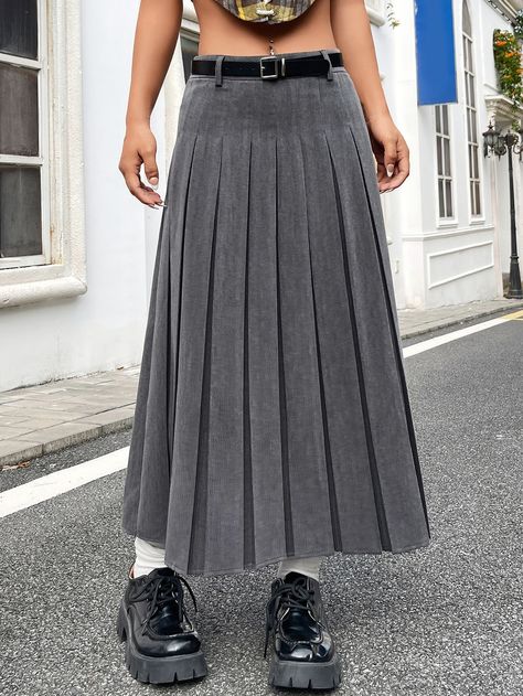 SHEIN EZwear Solid Pleated Belted Pleated Skirt Pleated Skirt Pattern, Knife Pleated Skirt, Pleats Skirt, Knife Pleat, Tie Dye Fashion, Box Pleat Skirt, Flat Sketches, Box Pleats, Skirt Design