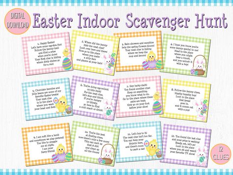 Easter Indoor Scavenger Hunt, Printable Easter Treasure Hunt, Easter Quarantine Scavenger Hunt Easter Basket Hunt, Easter Scavenger Hunt Clues, Egg Hunt Clues, Easter Egg Scavenger Hunt, Easter Egg Hunt Clues, Indoor Scavenger Hunt, Easter Treasure Hunt, Colorful Backyard, Easter Scavenger Hunt