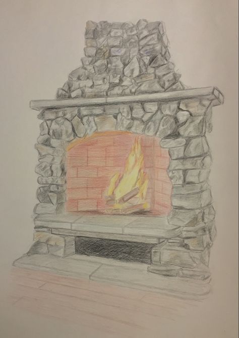 Cozy Fireplace Drawing, Fireplace Drawing Sketch, Chimney Drawing, Fireplace Sketch, Fireplace Drawing, Winter Fireplace, Beautiful Pencil Drawings, Sketch Practice, Pencil Sketching