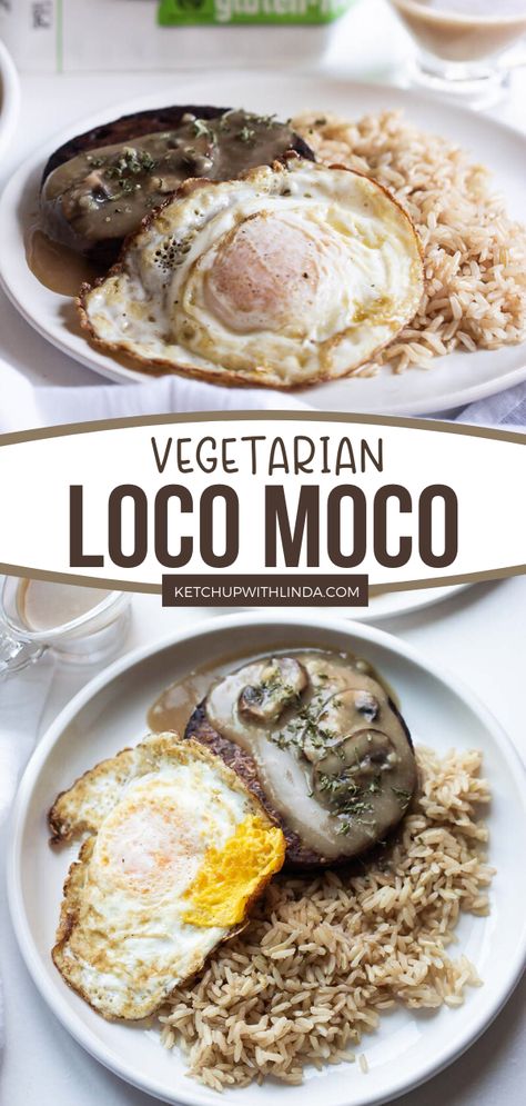 This Vegetarian Loco Moco is the best loco moco recipe - light, healthy, and delicious! Black bean burger with fried egg drizzled in a creamy gravy over a hot steamed rice is so irresistible! It's the best homemade Hawaiian recipe that your family will love! Hawaiian Burger Recipe, Hawaiian Party Food, Recipe For Lunch, Meatless Burgers, Veggie Patties, Cooking Whole Chicken, Hawaiian Food, Cooked Vegetables, Burger Recipes