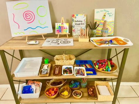 Montessori Cultural Shelves, Montessori Art Shelf, Open Ended Art, Tactile Art, Art Shelf, Childhood Art, Different Types Of Painting, Montessori Art, Art Studio Organization