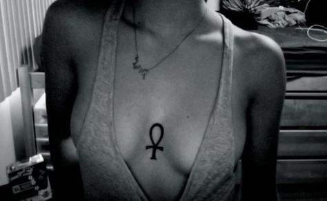 Between breast tat Pinterest Couple, Tattoos Chest, Ankh Tattoo, City Tattoo, Chest Tattoos For Women, Egyptian Tattoo, Sternum Tattoo, Symbol Tattoos, Girly Tattoos